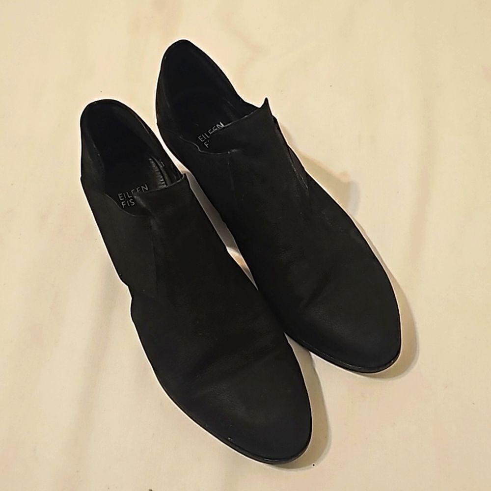 Eileen fisher black suede pull on boots booties round toe 9‎